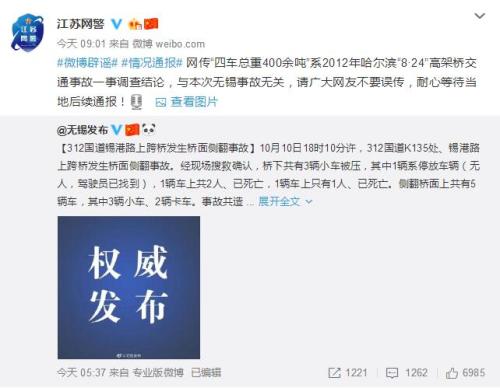 江蘇網(wǎng)警:“四車總重400噸壓垮無錫高架橋”系謠言