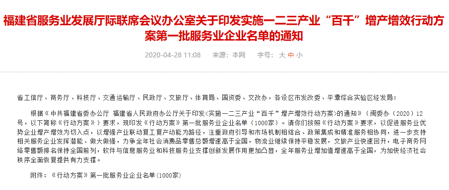 1000家!福建這個行動方案首批服務業企業名單公布!