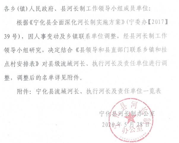 關(guān)于調(diào)整縣級流域河長、執(zhí)行河長及責任單位的通知